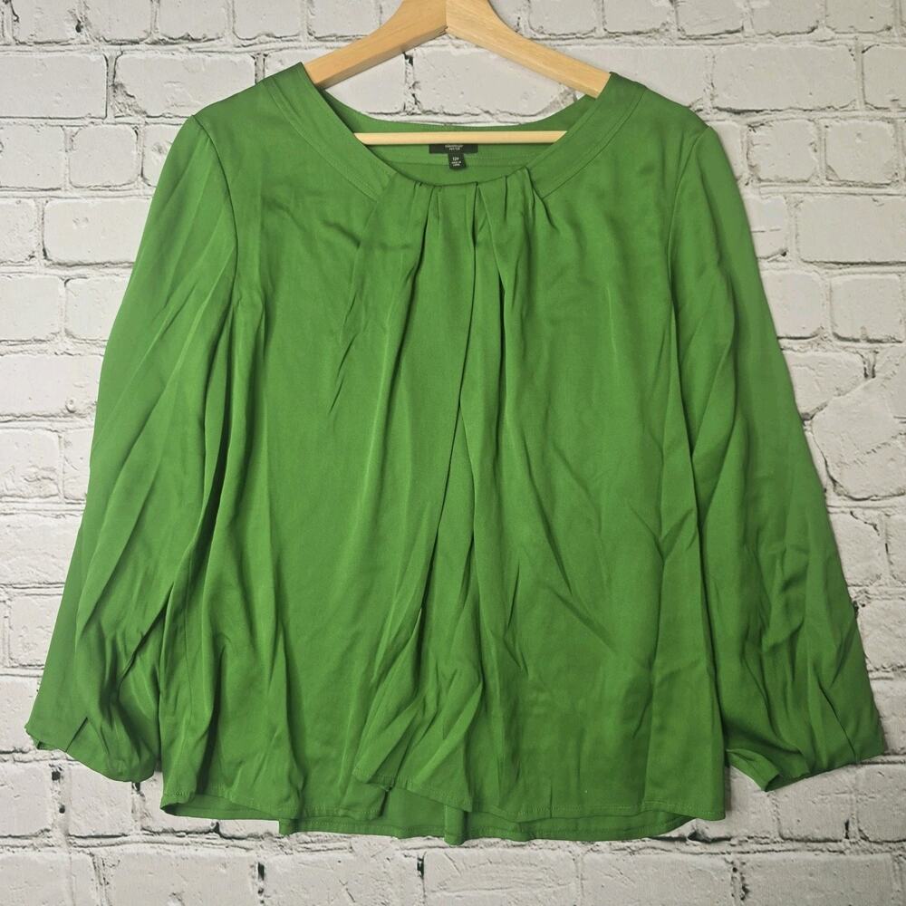 Talbots Petite Silk Parakeet Green Pleated Accent Relaxed Fit Blouse Size 12P - Picture 2 of 11